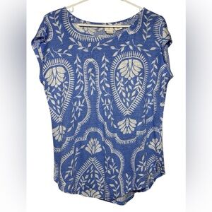 Joie 100% Linen Blue‎ and Cream Short Sleeve Top Sz L